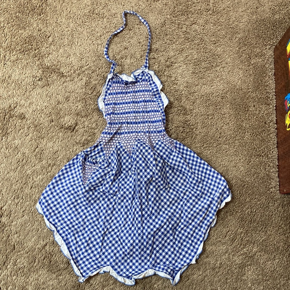 Navy Blue White Gingham Print Front Apron Shirred Dress